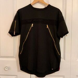 Makobi Men’s Black Short Sleeve Gold Zipper Crew Neck Top Large Urban